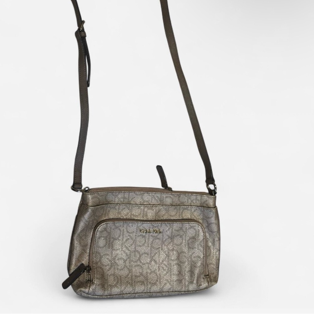 Calvin Klein Metallic Monogram Crossbody Bag – Multi-Compartment Shoulder Purse